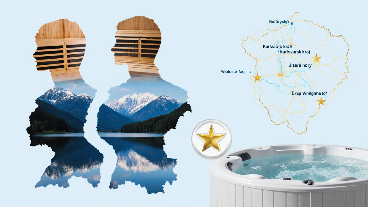 Koláž saun, soukromého whirlpoolu a certifikátu na mapě ČR.