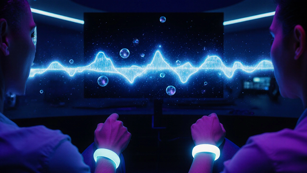 Moderní studio s biofeedback náramkem a holografickým zobrazením synchronizovaného dechu.