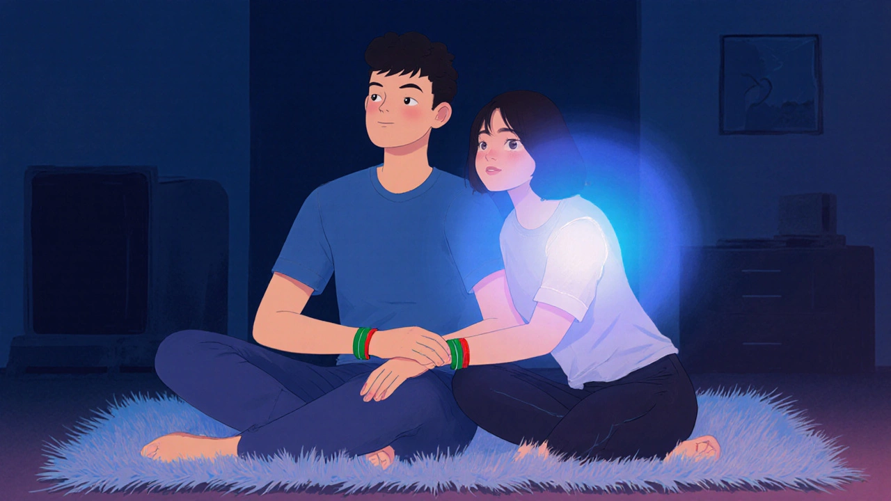 Pár sedí na rohoži, ruce na zápěstích zelená a červená, společná dýchací aura.