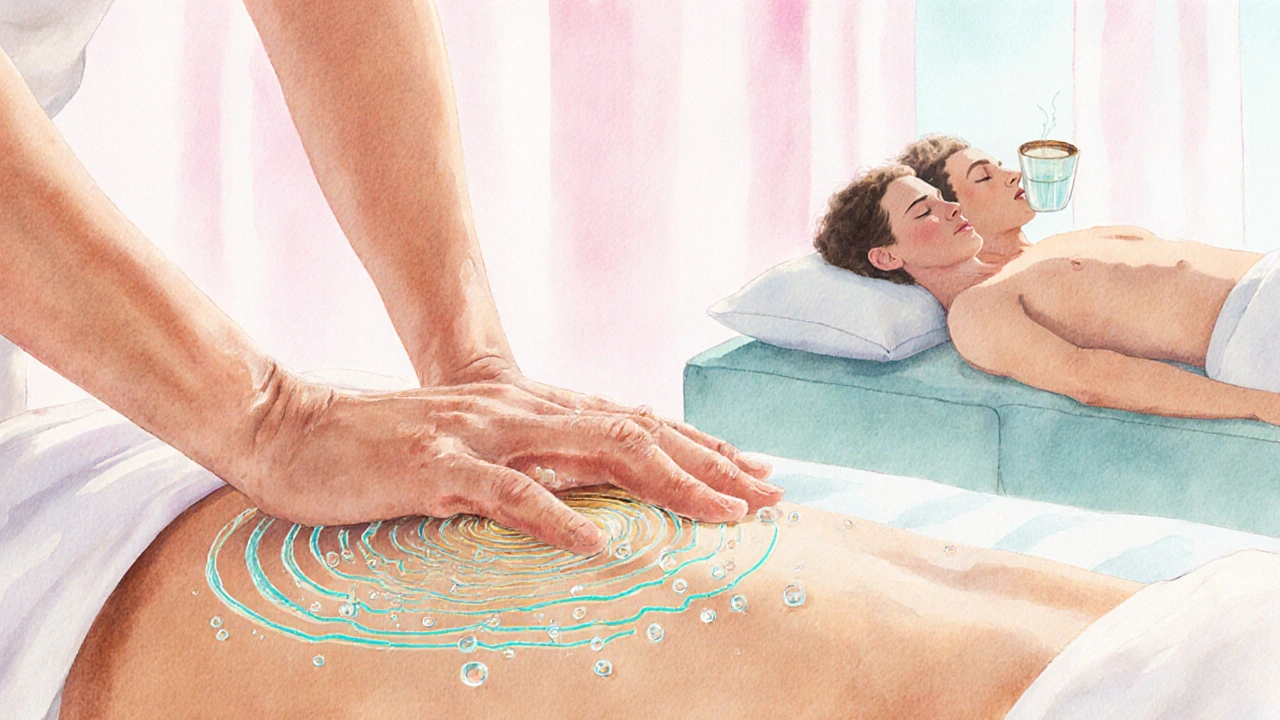 Ruka provádí kruhový tah na stehně, vlny rytmu, pár po masáži pije kokosovou vodu.