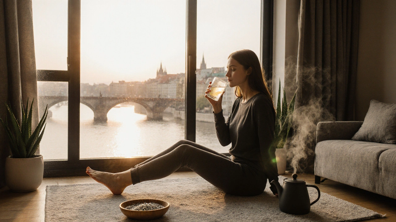 Žena po masáži pije citronovou vodu, dělá jemný strečink a dívá se na řeku Vltavu.