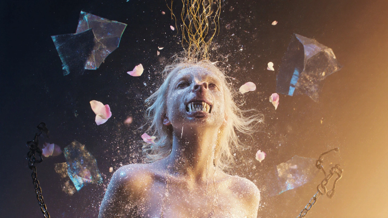 Abstraktní obraz ženské postavy, která se mění v zářící částice, zatímco temné stíny z minulosti mizí.