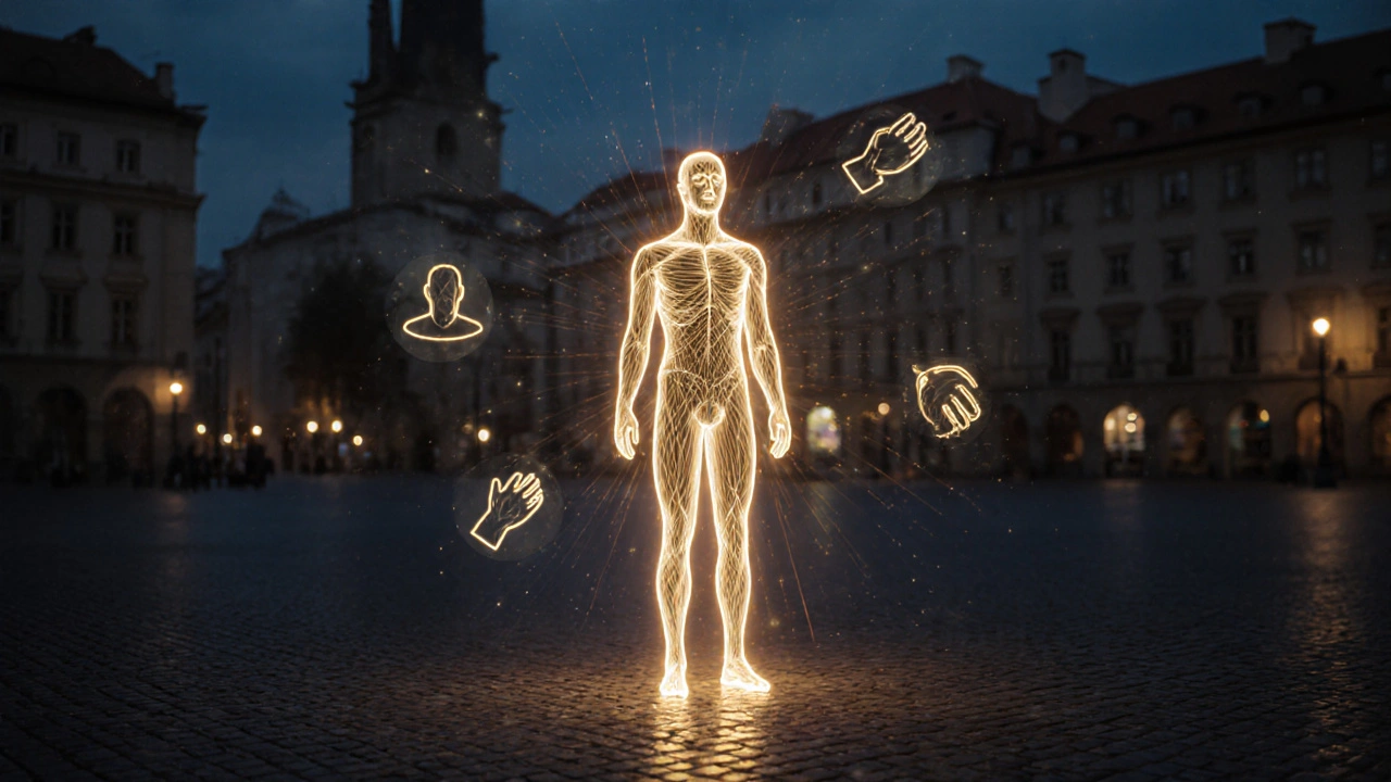 Abstraktní postava zlatých vláken v prázdném pražském náměstí, vyzařující klid a sebevědomí.