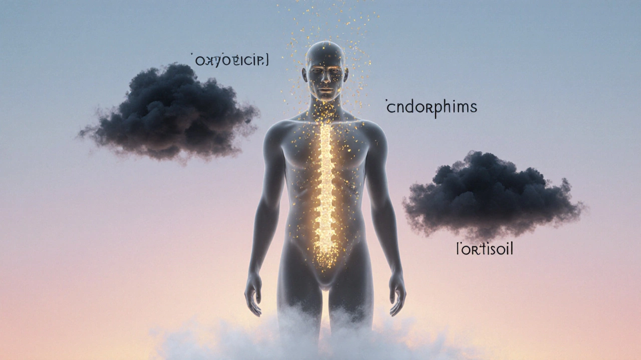 Abstraktní silueta člověka s jasnými zlatými částicemi vystupujícími z těla, zatímco temné mraky mizí.