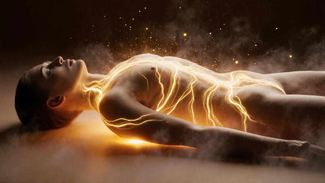 Abstraktní znázornění zlatých vln energie proudících tělem od nohou k hlavě ve vnitřním prostoru.