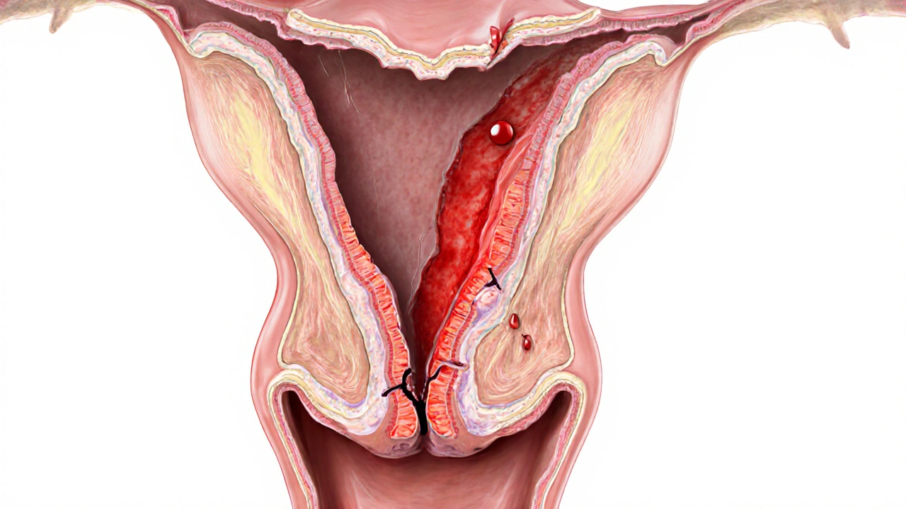 Anatomický nákres pohlavního článku s vyznačenou poškozenou uzdičkou a krvácením.