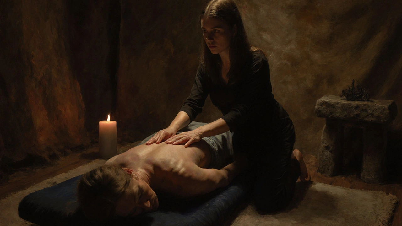 Certifikovaná terapeutka sedí u ženy na masážním lůžku, ruce nejsou v kontaktu, ve vzduchu je klid a úctu.