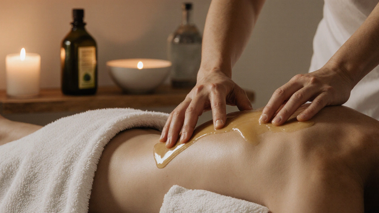 Detail rukou provádějících masáž na zádech s teplým olejem, podloženými ručníky a nádobou s ohřívaným olejem na pozadí.