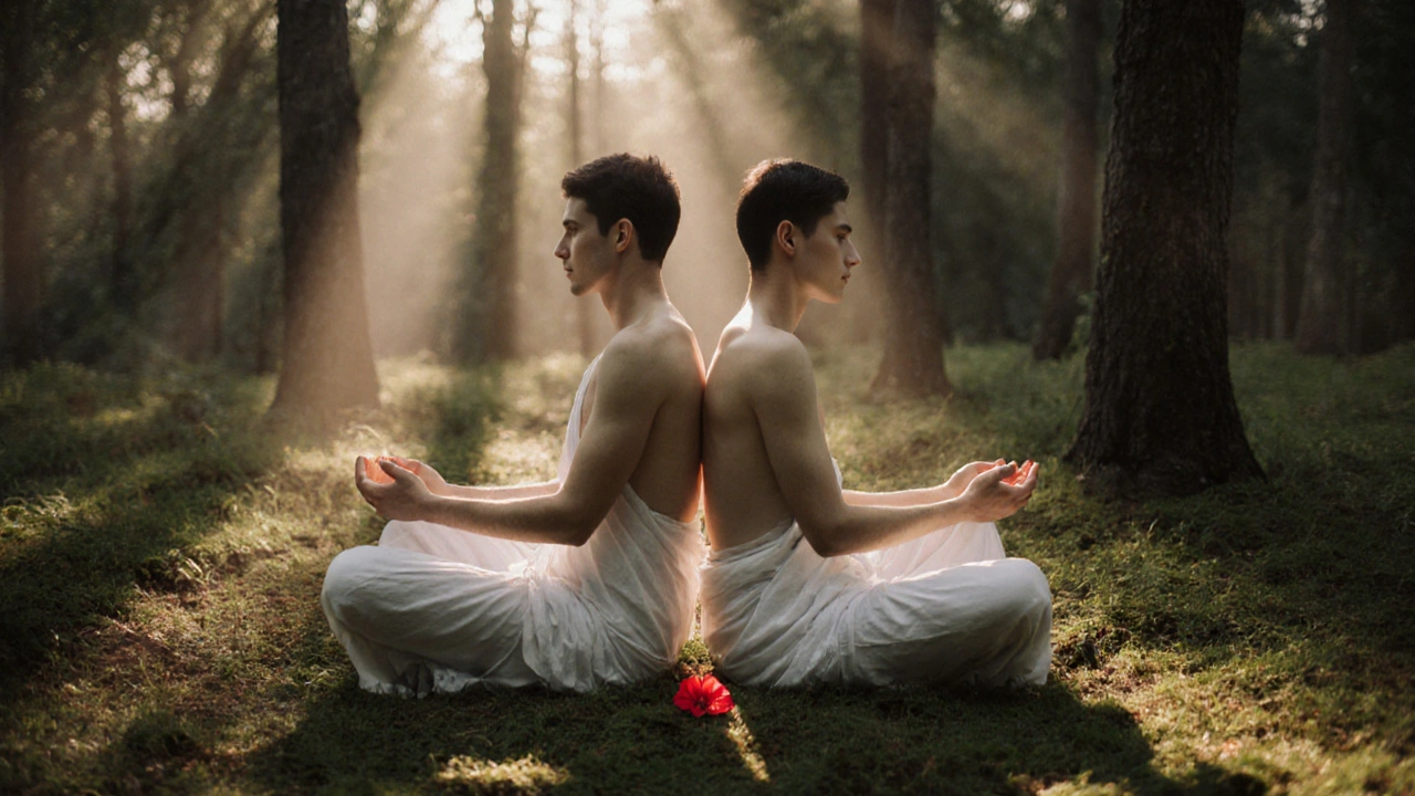 Dva nahí lidé sedí zády k sobě v lese, ruce se dotýkají, mezi nimi červená květina, ranní světlo osvětluje klid.
