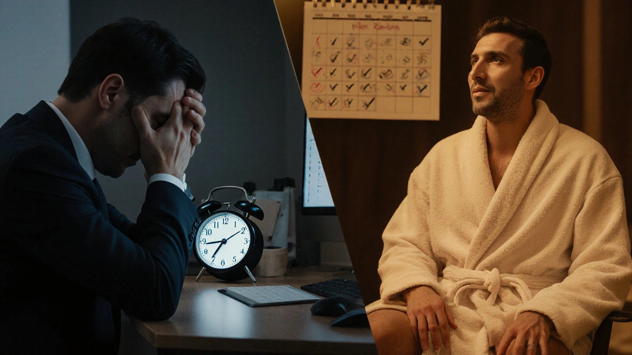 Dva obrazy muže: jeden stresovaný u práce, druhý klidný a uvolněný po masážích.