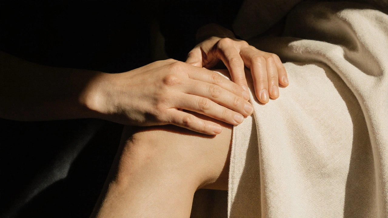 Dvě ruce jemně klidně leží na vnitřní straně stehna, pokryté látkou, v teplém světle.