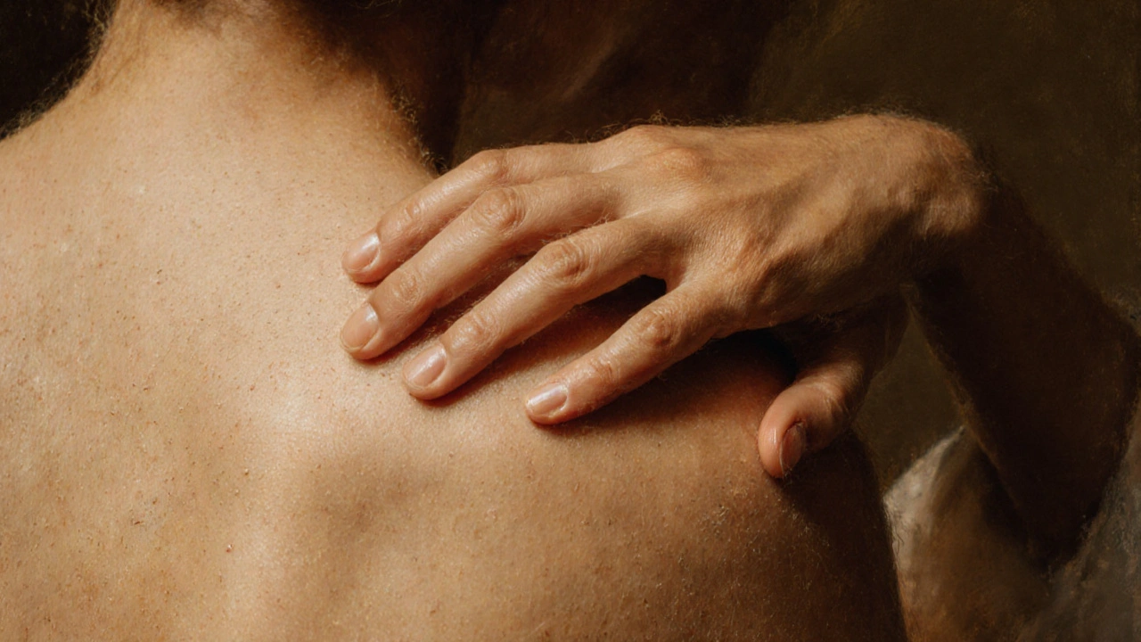Jemný dotek ruky na zádech, s jemným pohybem dechu a vztyčenými chloupky na kůži.