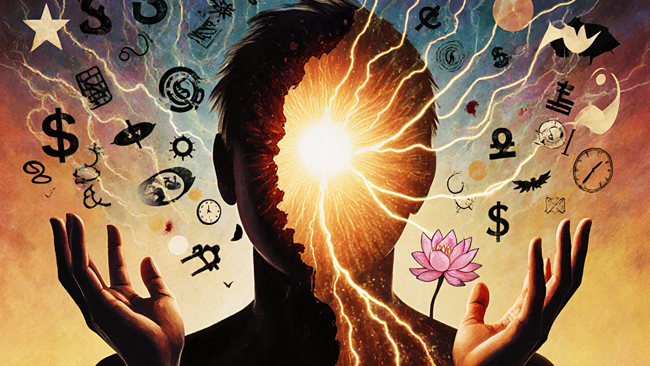 Koncepční obraz rozdělené postavy: povrchní komercionalismus proti hluboké duchovní transformaci.