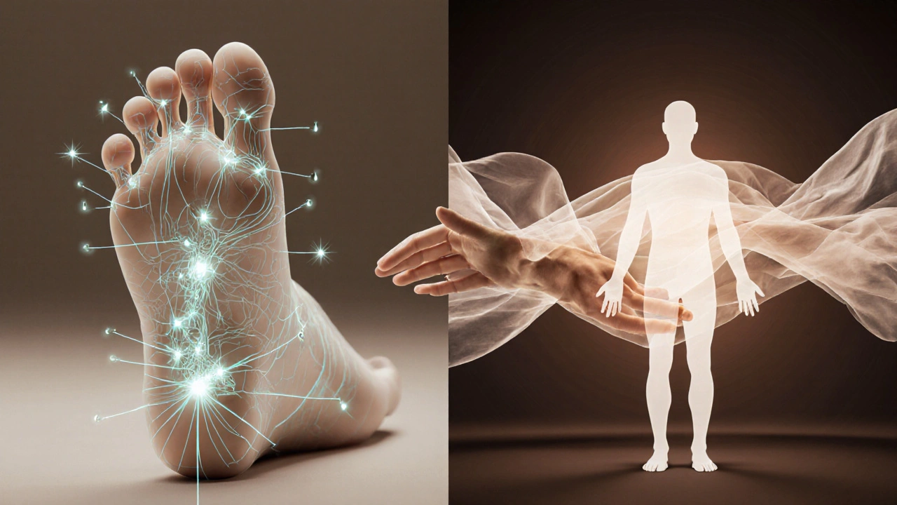 Konceptuální obrázek: mapa chodidla spojená s orgány na jedné straně, abstraktní duševní vlny na druhé.