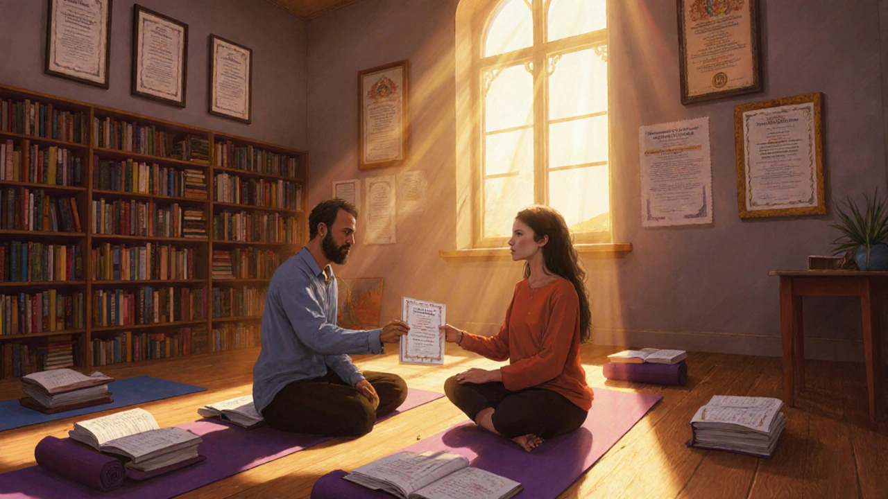 Mentor předává studentovi certifikát v prostředí plném knih a symbolů duchovního vzdělávání.