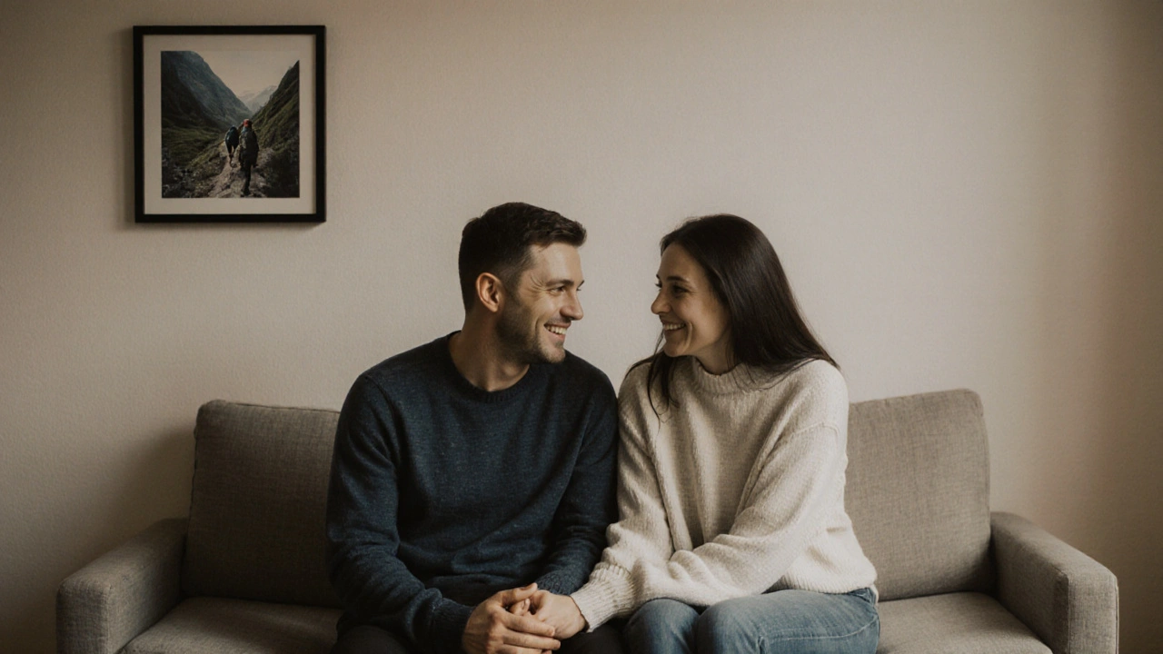 Muž a jeho partnerka sedí spolu, drží se za ruce, symbolizují obnovu vztahu.