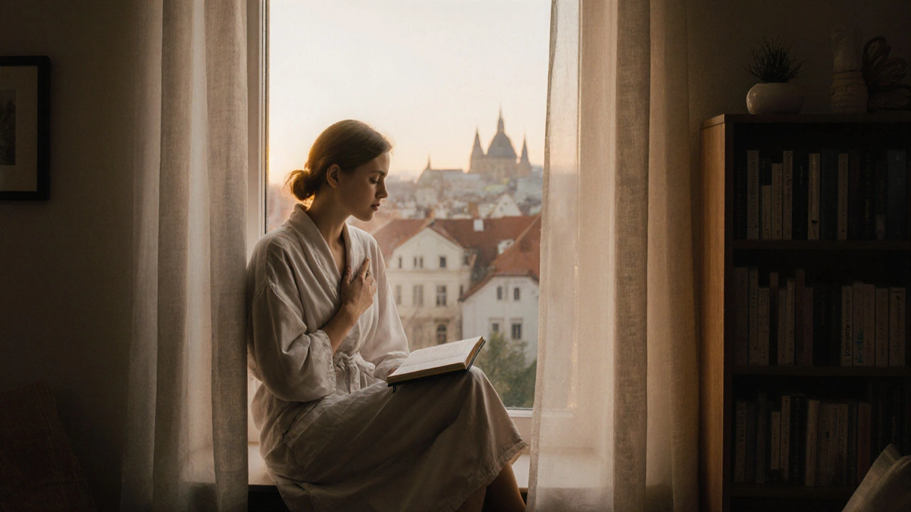 Osoba na okenním prahu ráno, jemně se dotýká prsu, drží sešit a dívá se ven.