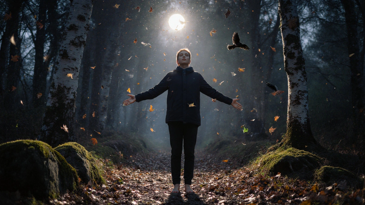 Osoba stojí v lese při západu slunce a používá techniku uzemnění v přírodě.