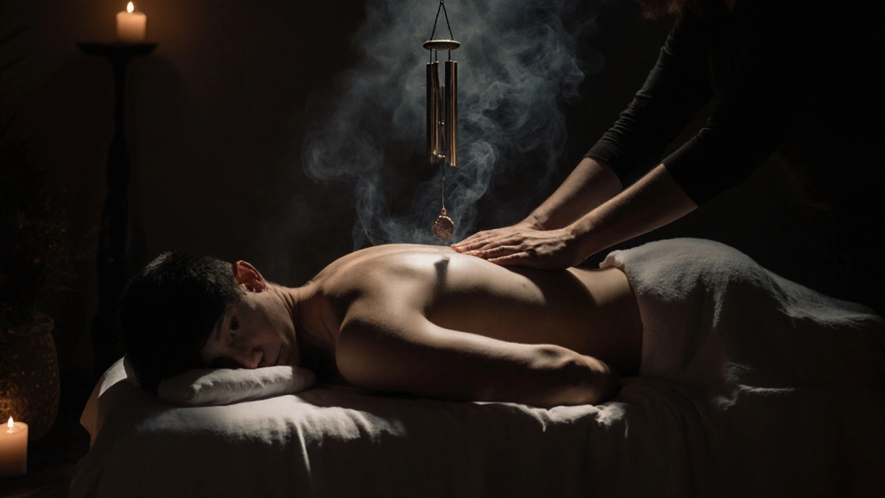 Osoba užívá tantrickou masáž v tichém prostředí s svíčkami a kouřem kadidla, oči zavřené, klidná tvář.