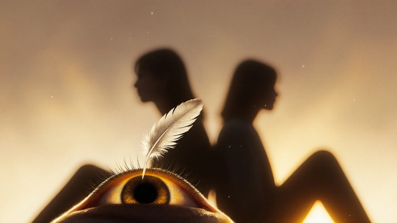 Pírko se snáší na zavřené oči, symbolizující klid a vnitřní otevřenost.