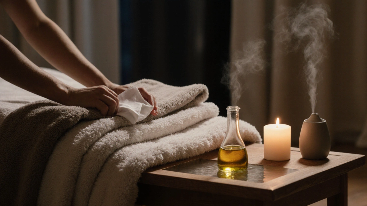 Příprava prostředí pro tantrickou masáž: svíčky, aromalampa, ohřívaný olej a teplé deky na dřevěném podkladu, bez lidí.