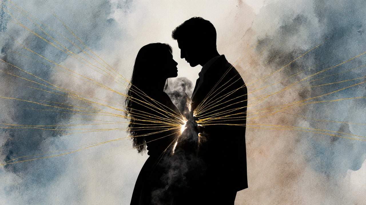 Rozbité zlaté nitě mezi dvěma postavami, symbolizující ztrátu důvěry a spojení kvůli nebezpečné praxi.