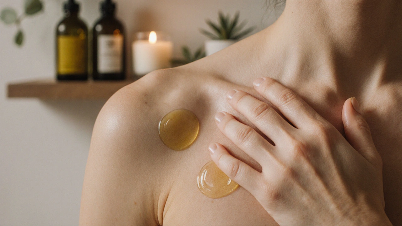 Ruce jemně hladí rameno a hrudník s olejem, zatímco tělo uvolňuje napětí.