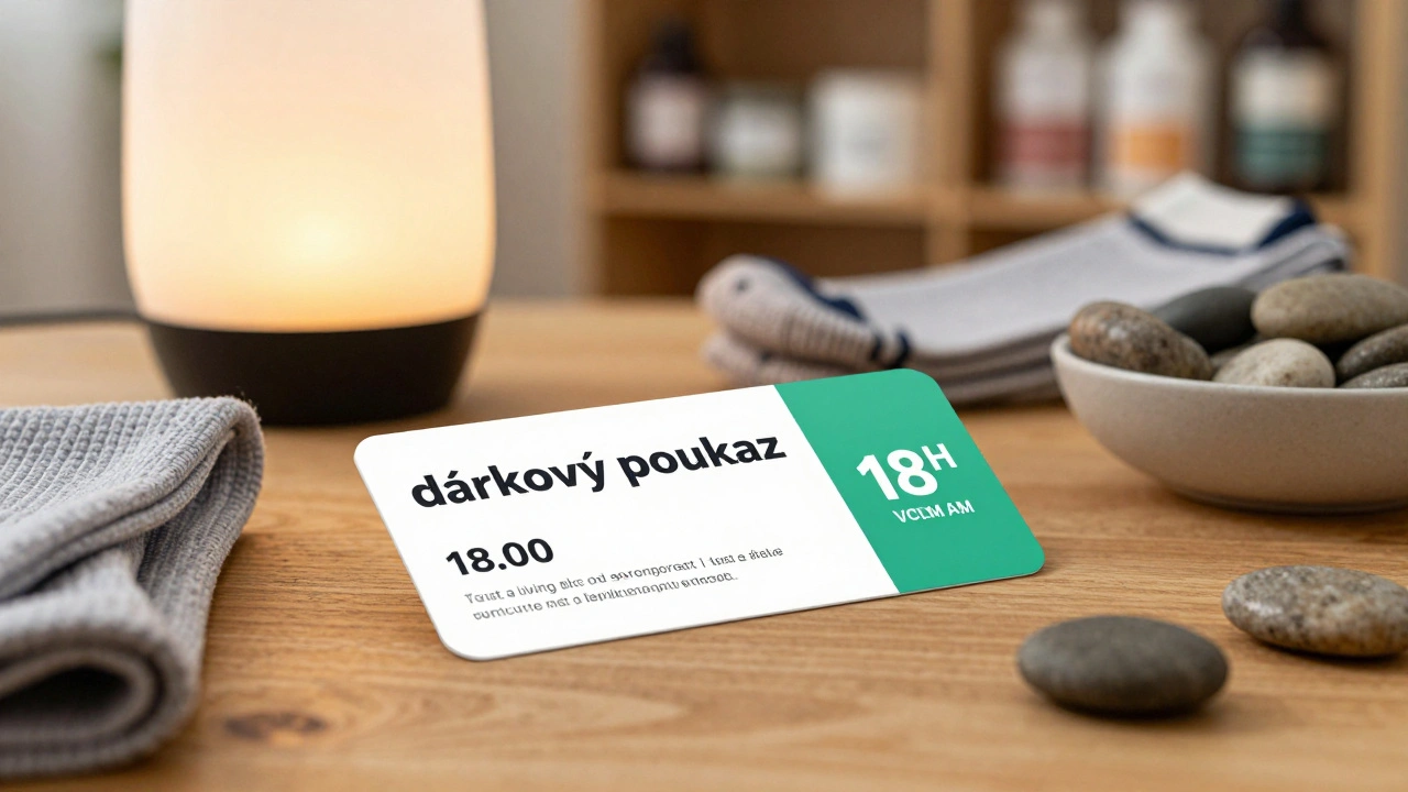 Dárkový poukaz z Adrop.cz leží na dřevěné tabuli s kameny a difúzorem, symbolizující dlouhodobou platnost a důvěryhodnost.