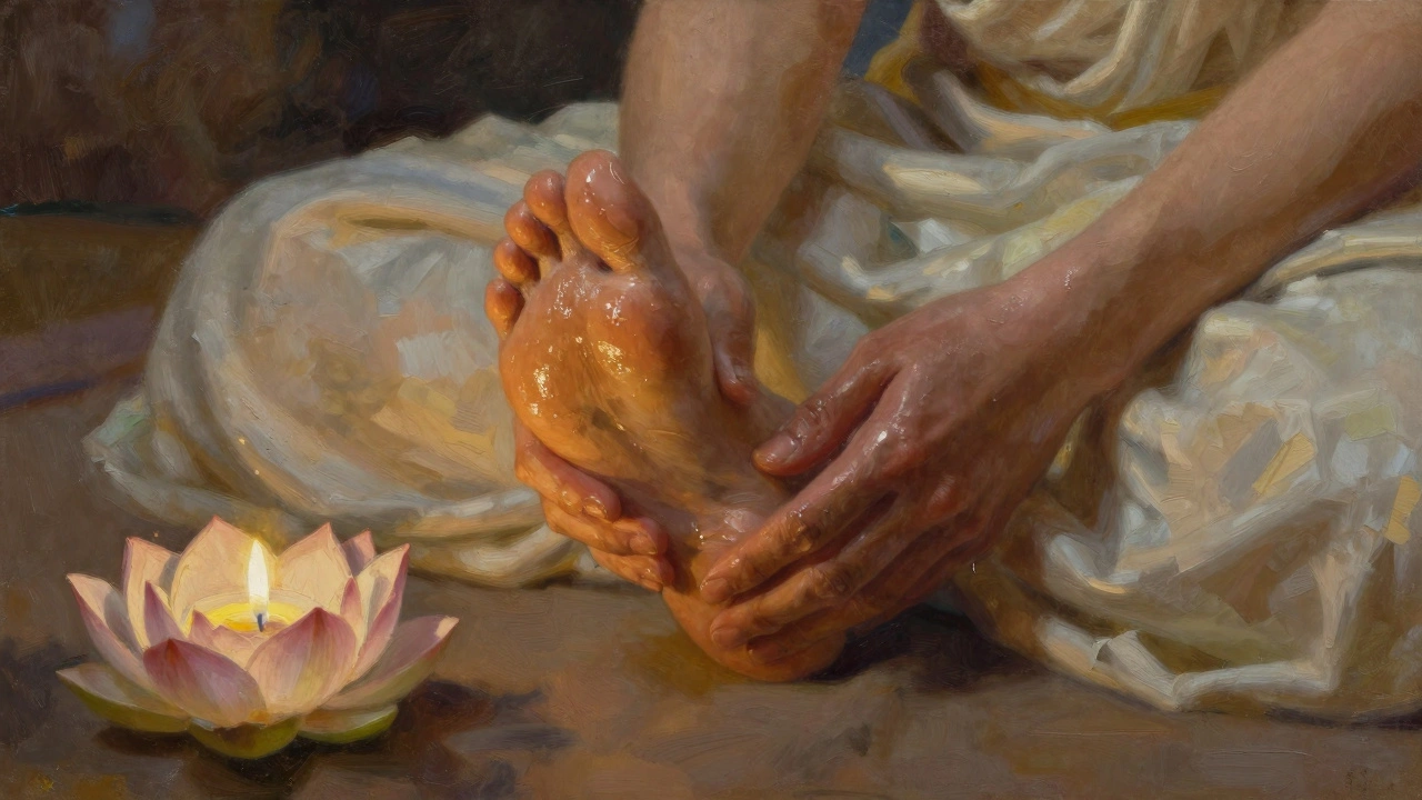 Dvě ruce s olejem dotýkají se nohy a boku, světlo svíček zvýrazňuje teplotu a náležitost doteku.