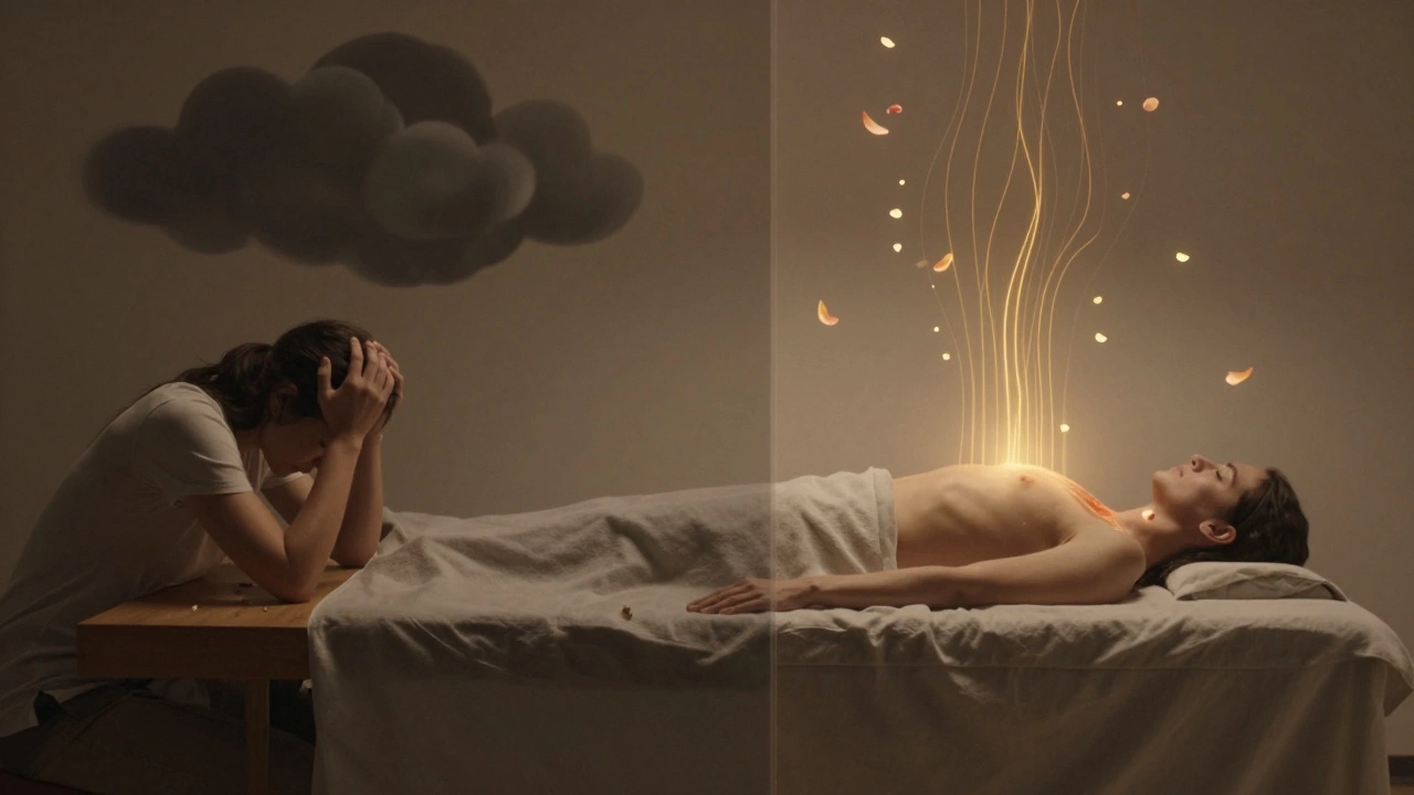 Konceptuální obraz: člověk z těžkého stresu přechází do klidu prostřednictvím tantrické masáže, znázorněno energetickými čarami a světlem.