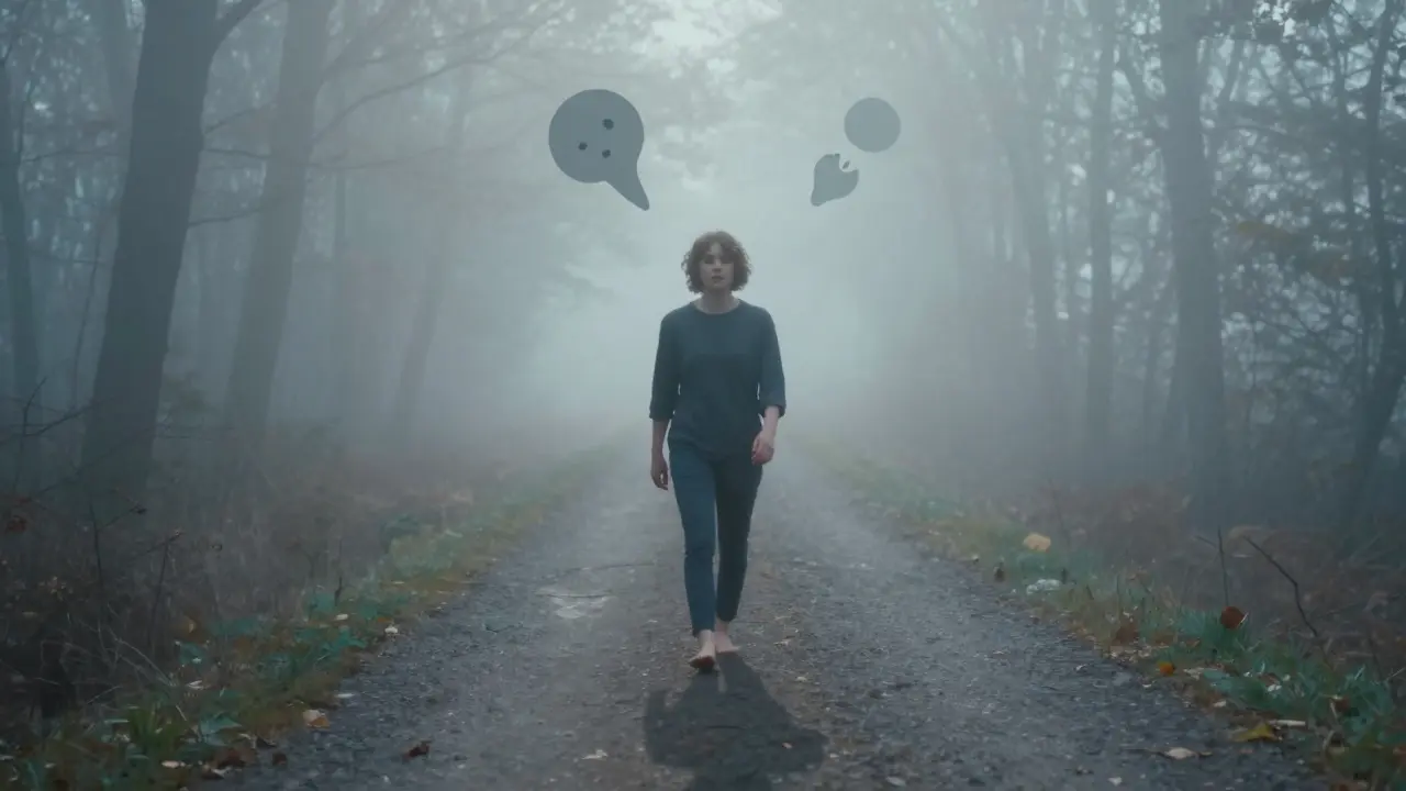 Osoba kráčí po mlhavé cestě v ranním světle, kolem ní plavou abstraktní tvary emoci.