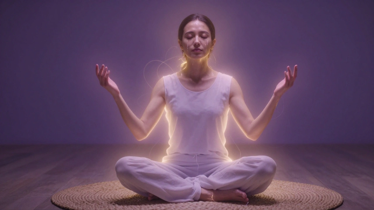Osoba sedí v meditaci, slzy na tváři, kolem ní září jemné světlo, symbolizující vnitřní proměnu.