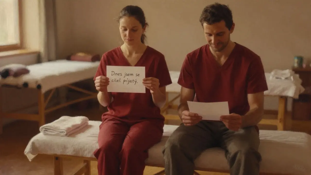 Pár drží papírky s větami po masáži, tváře klidné, za nimi se rozplývá místnost, kde se naučili být přítomni.