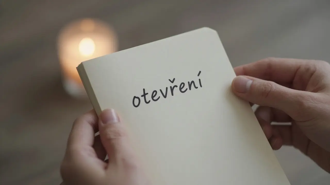 Ruce držící sešit s napsaným slovem 'otevření', jemné světlo a teplé odstíny.