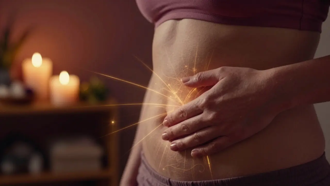 Ruky ženy lehce pokrývají břicho, kde se objevují jemné zlaté energetické čáry.