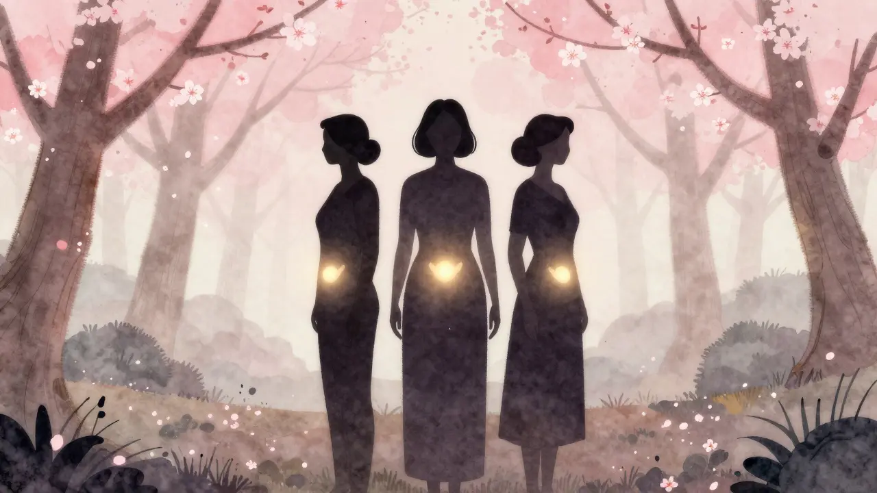 Tři ženy různých věků stojí v mlze, z jejich pánve vyzařuje jemné světlo.