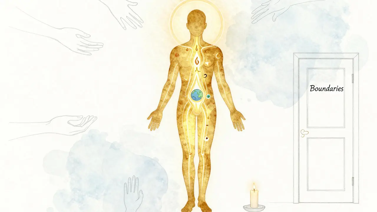 Abstraktní znázornění energetických toků těla a chakr při tantrické masáži, symbolizující vnitřní transformaci terapeuta.