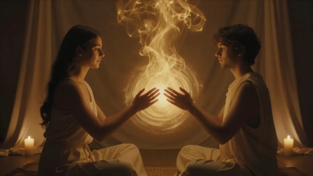 Dva partneři se dotýkají dlaněmi, jejich energie se spojuje v zlatém zářivém oblaku nad srdci.