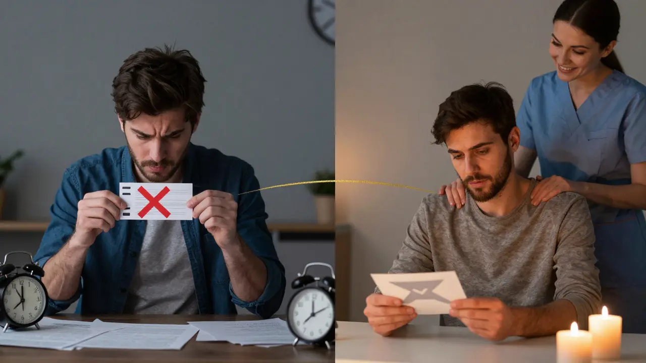 Dvě scény: vlevo stresovaný klient s neplatným poukazem, vpravo klidně komunikující klient s maséřem.