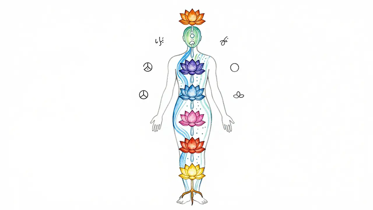 Kresba lidského těla s proudy světla ukazujícími cestu energie od kmenových k horním čakrám.