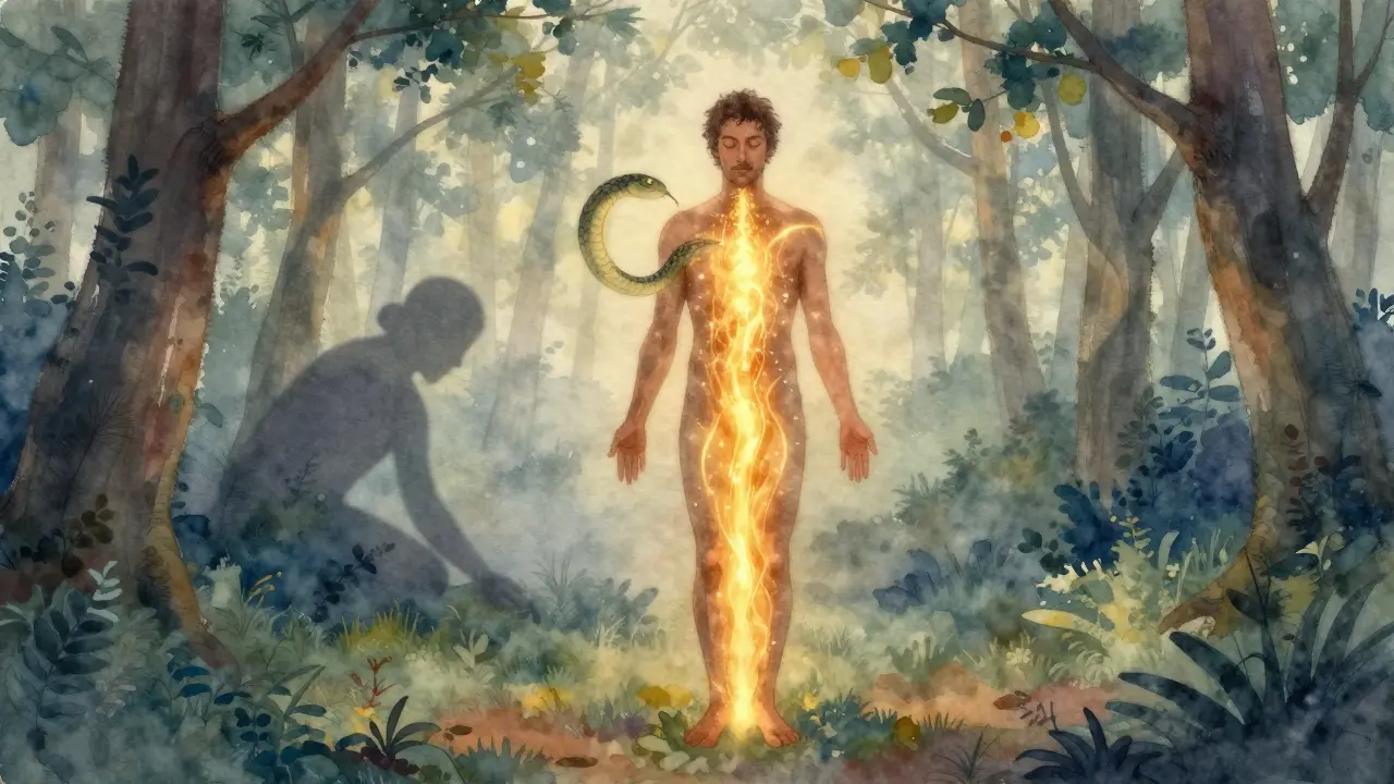 Muž v lese s vycházejícím sluncem, zlatá energie stoupá z jeho těla, symbolizující vnitřní obnovu a uvolnění.