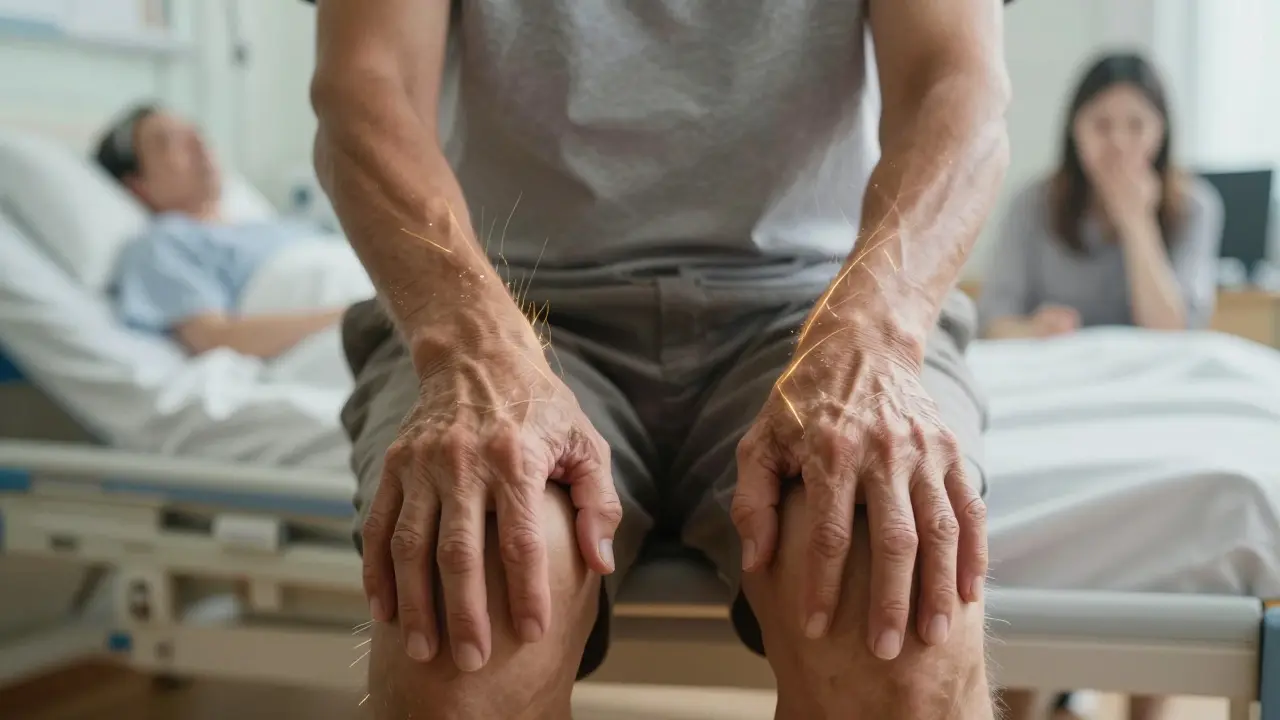 Ruce muže s jemným zlatým zářením, symbolizující uvolnění emocionálního napětí.