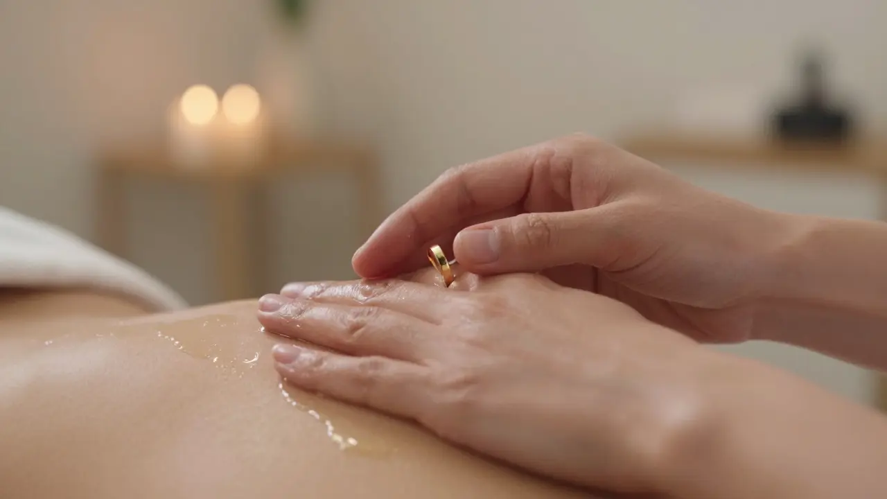 Ruce provádějí techniku 'Kruh' na penisu s olejem, jemné světlo a textura kůže zdůrazňují pomalý, vědomý dotyk.