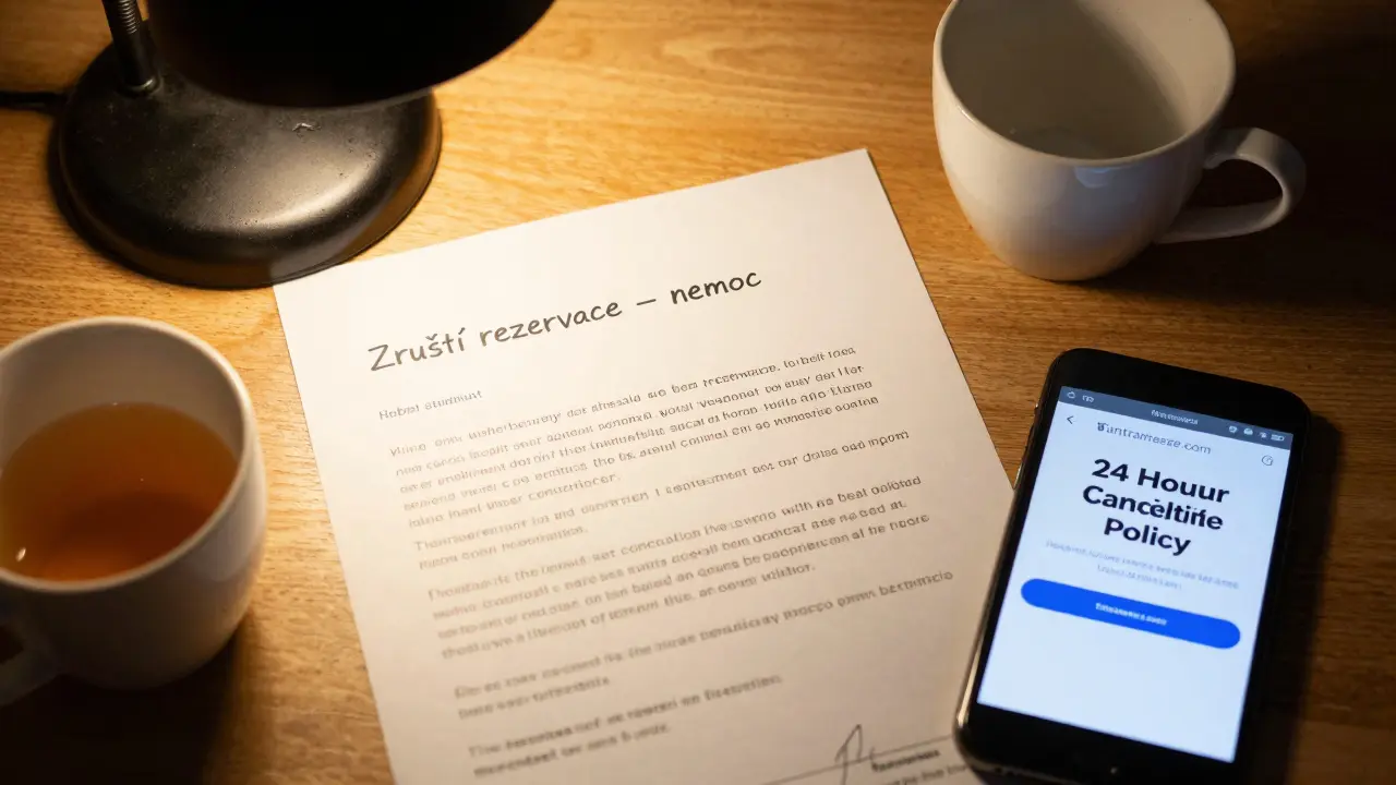 Rukou psaný e-mail o zrušení rezervace kvůli nemoci s přílohou lékařského potvrzení.