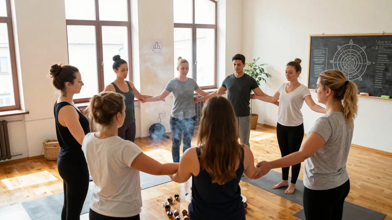 Skupina studentů cvičí dýchací techniky a energetickou práci pod vedením lektora v akreditovaném kurzu tantrické masáže.