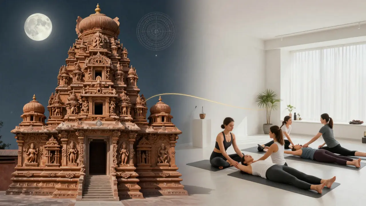 Starožitná indická tantra a moderní česká neotantra spojené symbolickou zlatou nití.