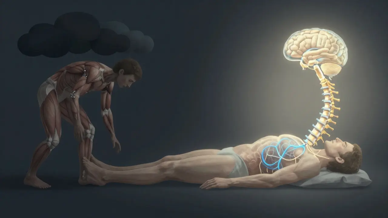 Symbolický obraz uvolnění napětí: z těla vystupují světlé nervové cesty, které spojují tělo s klidem.