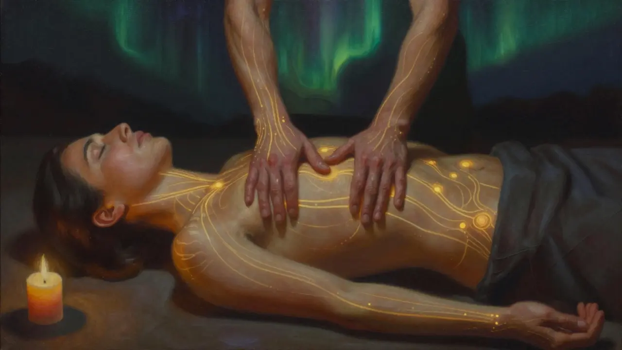 Zlaté energie proudí tělem klienta při intuitivní masáži, svaly jsou uvolněné.