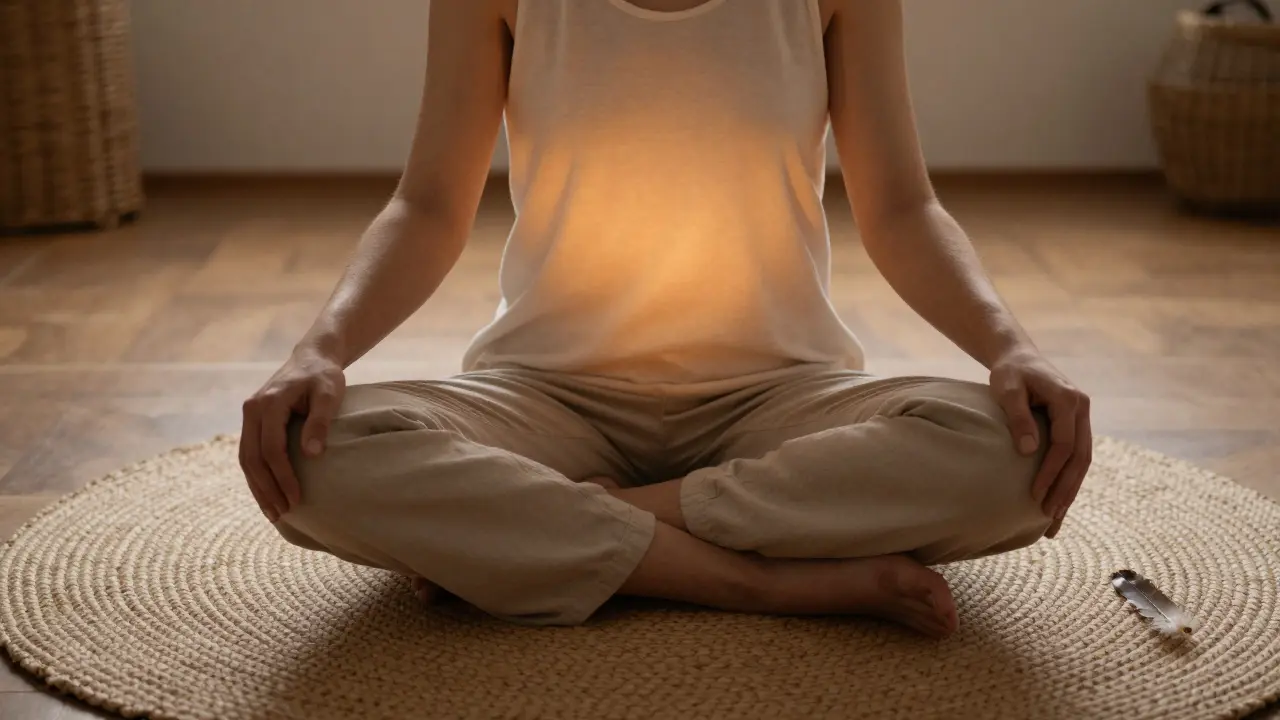 Osoba sedí v klidné pozici s očima zavřenými, září jemně z těla, symbolizující hluboké vnitřní spojení.
