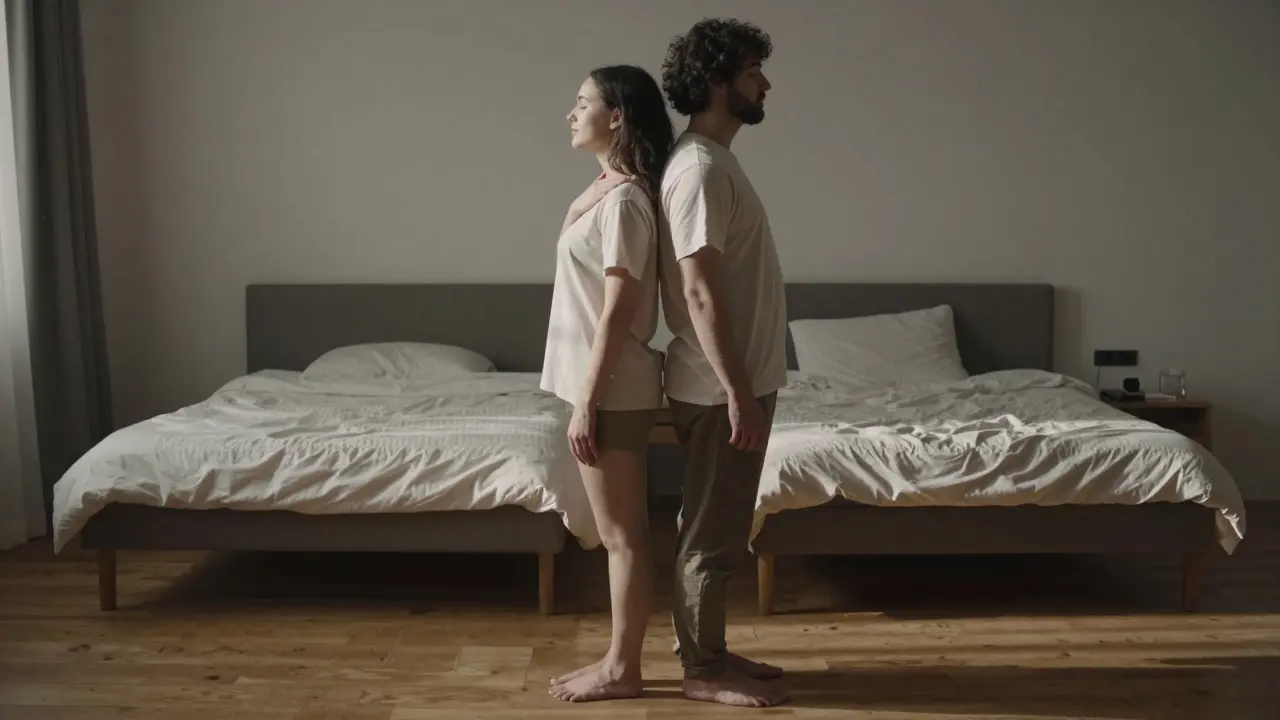 Pár stojí zády k sobě, jedna ruka na rameni, klidně dýchají v ranním světle.